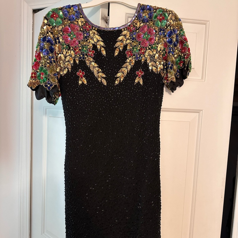 Stenay 100% silk full beaded Black Mini Dress mint condition 1980s